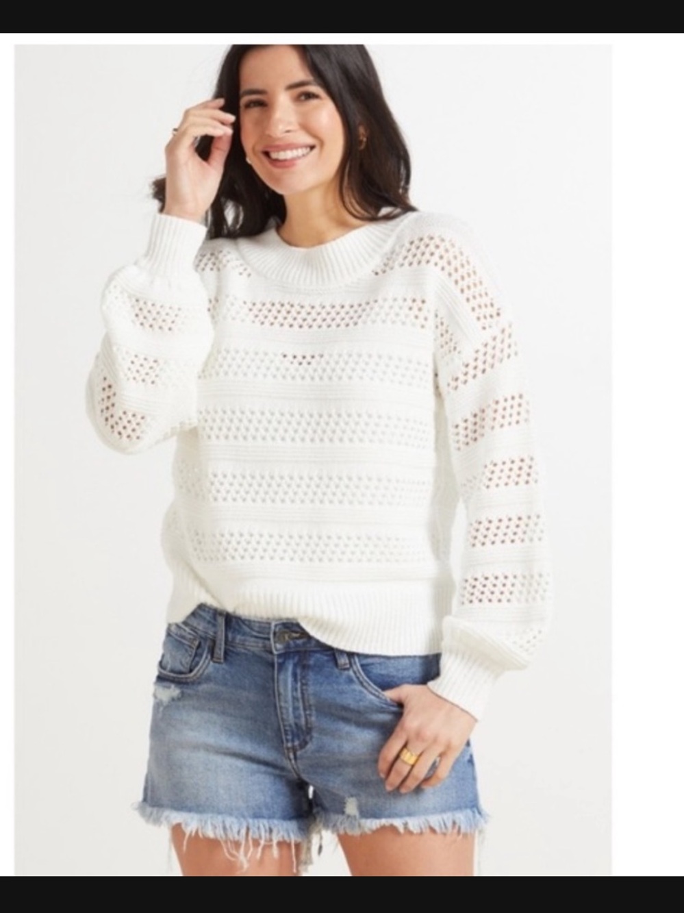 Allison Joy White Openwork Crewneck Sweater
